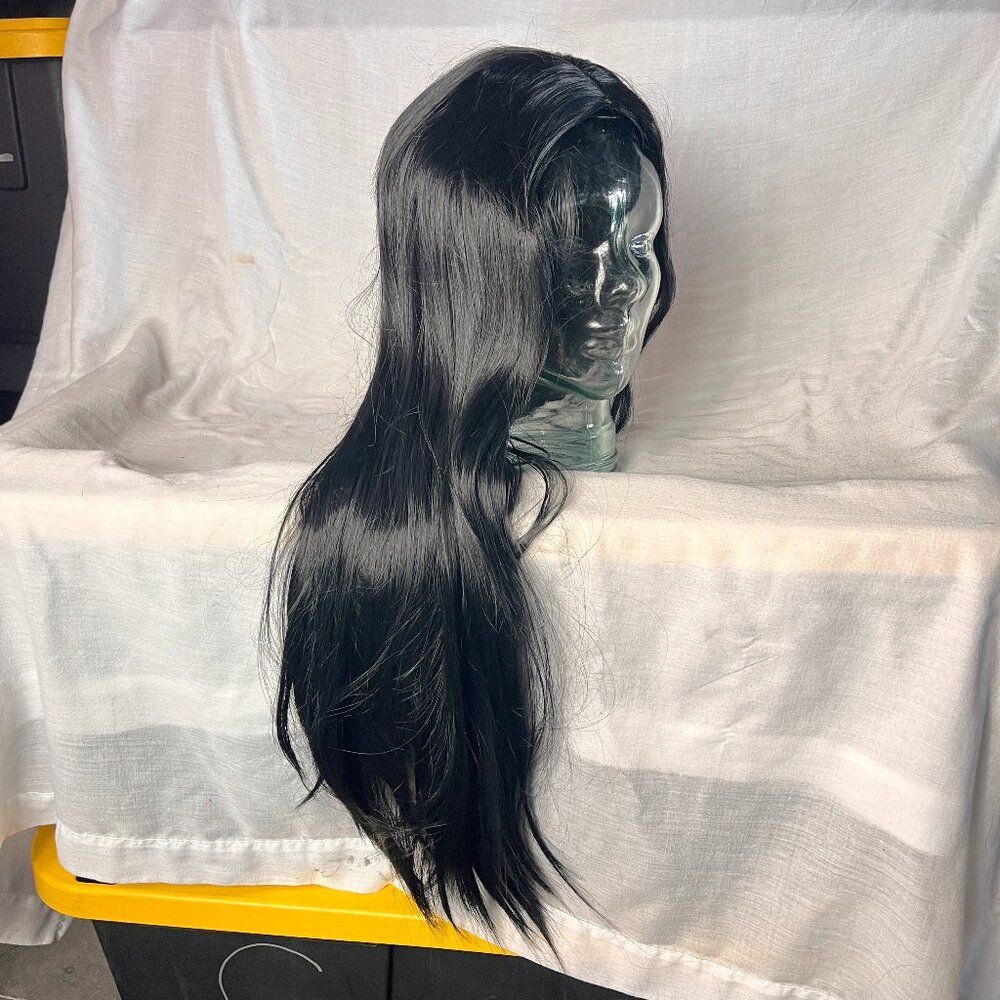 Women's Long Black Straight Hair Wig For Costumes Beauty Morticia Adams Witch